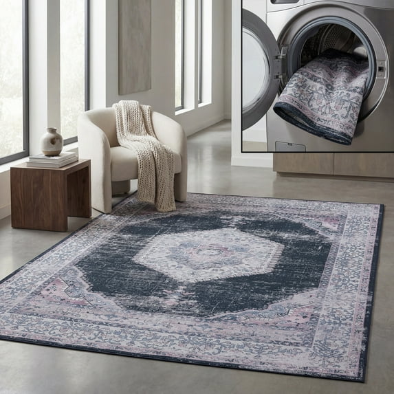 SAFAVIEH Tucson Layton Traditional Machine Washable Area Rug, 6' x 6' Square, Black/Beige