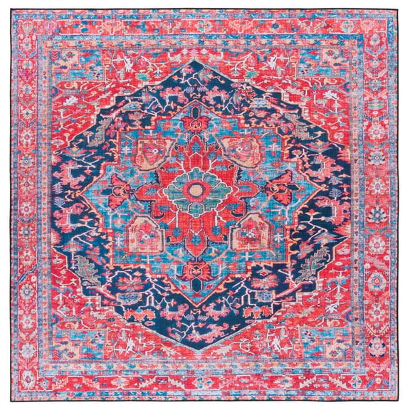 SAFAVIEH Tucson Lennart Oriental Machine Washable Area Rug, Navy/Red, 4' x 4' Square