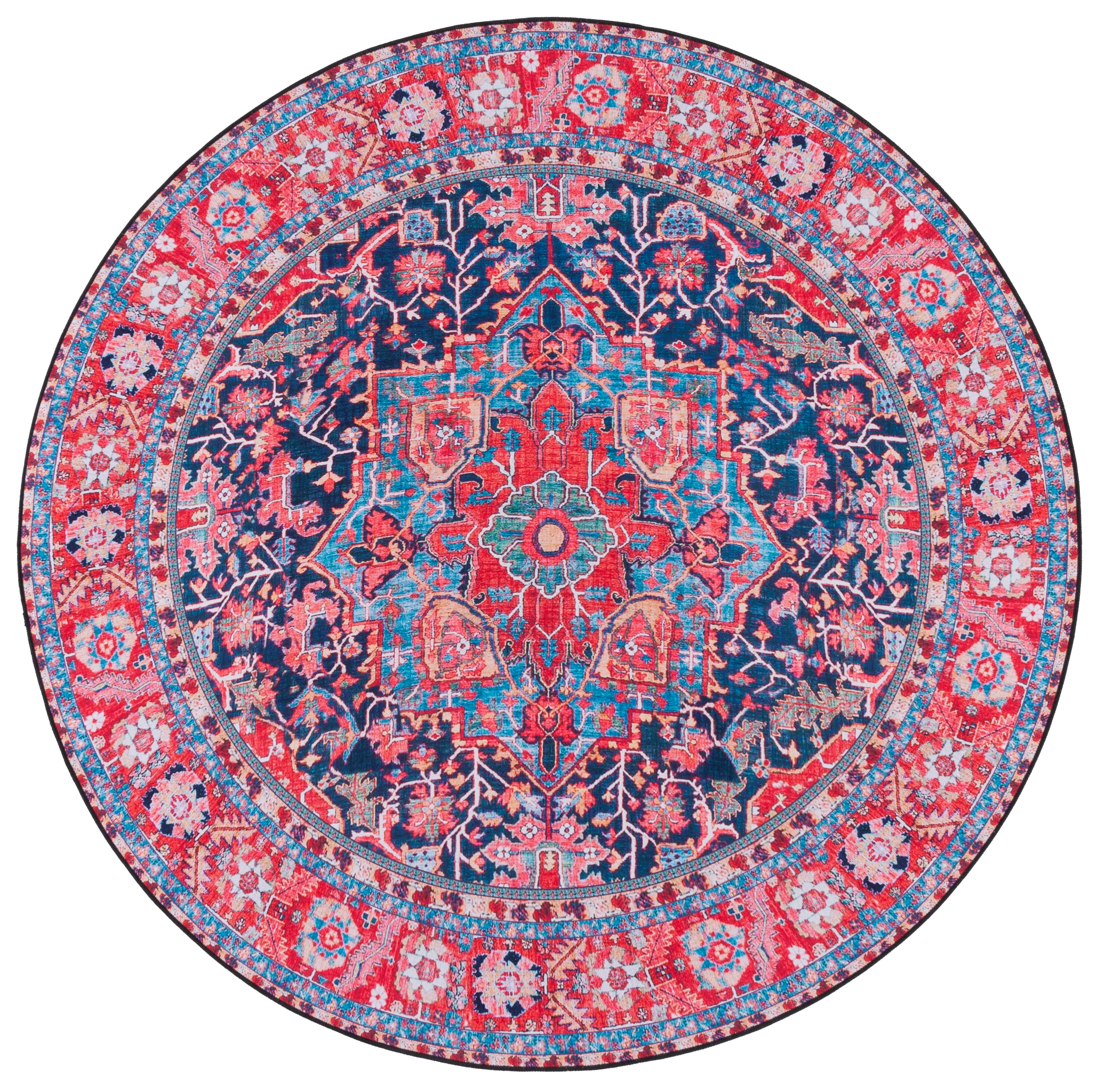 SAFAVIEH Tucson Lennart Oriental Machine Washable Area Rug, Navy/Red, 8' x 8' Round