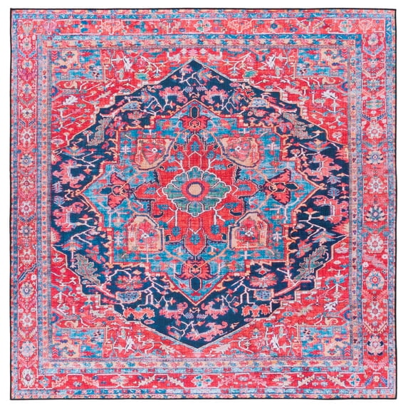 SAFAVIEH Tucson Lennart Oriental Machine Washable Area Rug, Navy/Red, 8' x 8' Square