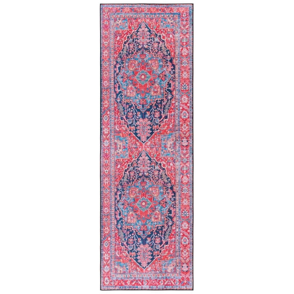 SAFAVIEH Tucson Lennart Oriental Machine Washable Runner Rug, Navy/Red, 2'6" x 6'