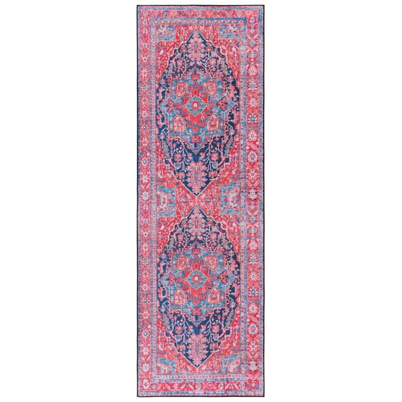 SAFAVIEH Tucson Lennart Oriental Machine Washable Runner Rug, Navy/Red, 2'6" x 6'