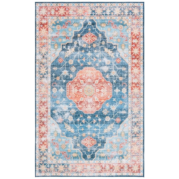 SAFAVIEH Tucson Lillie Traditional Machine Washable Area Rug, Blue/Rust, 3' x 5'