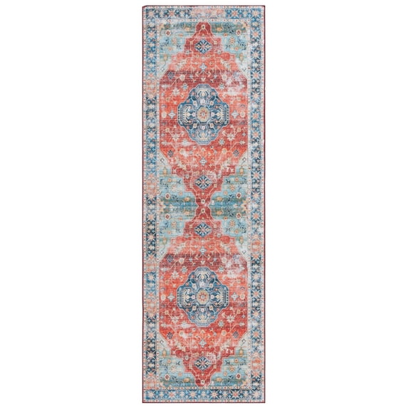 SAFAVIEH Tucson Lillie Traditional Machine Washable Runner Rug, Blue/Rust, 2'6" x 8'