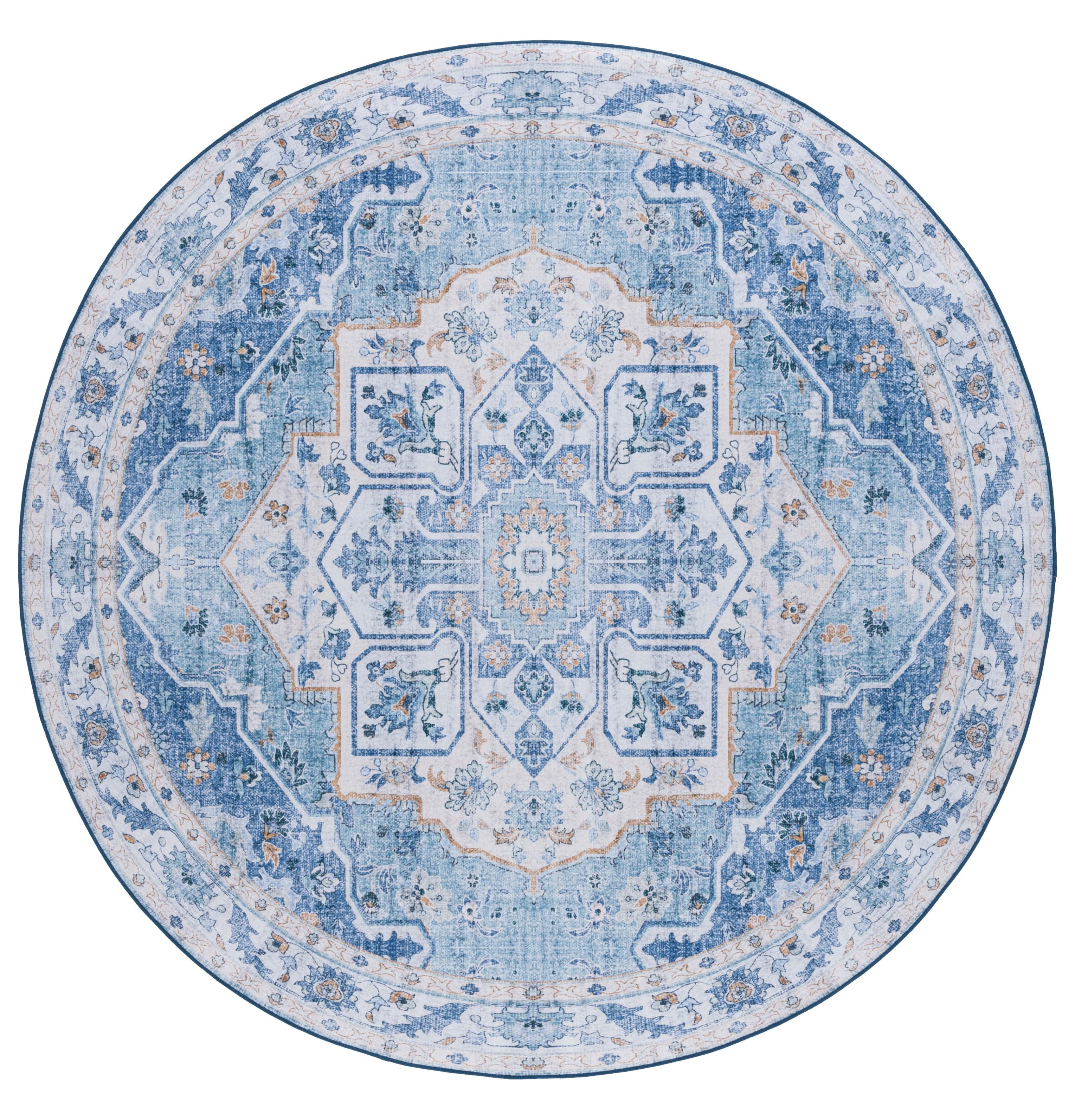 SAFAVIEH Tucson Luvina Oriental Machine Washable Area Rug, Light Blue/Blue, 4' x 4' Round