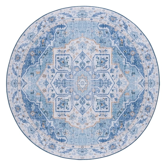 SAFAVIEH Tucson Luvina Oriental Machine Washable Area Rug, Light Blue/Blue, 4' x 4' Round