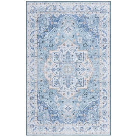 SAFAVIEH Tucson Luvina Oriental Machine Washable Area Rug, Light Blue/Blue, 6' x 8'