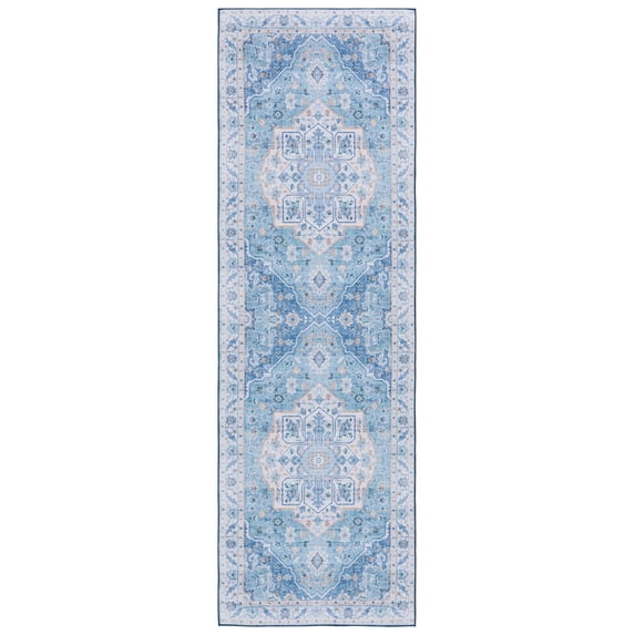 SAFAVIEH Tucson Luvina Oriental Machine Washable Runner Rug, Light Blue/Blue, 2'6" x 10'