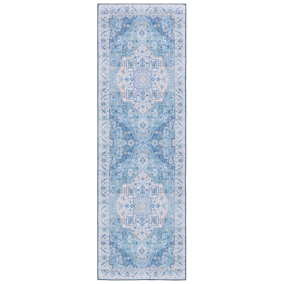 SAFAVIEH Tucson Luvina Oriental Machine Washable Runner Rug, Light Blue/Blue, 2'6" x 10'