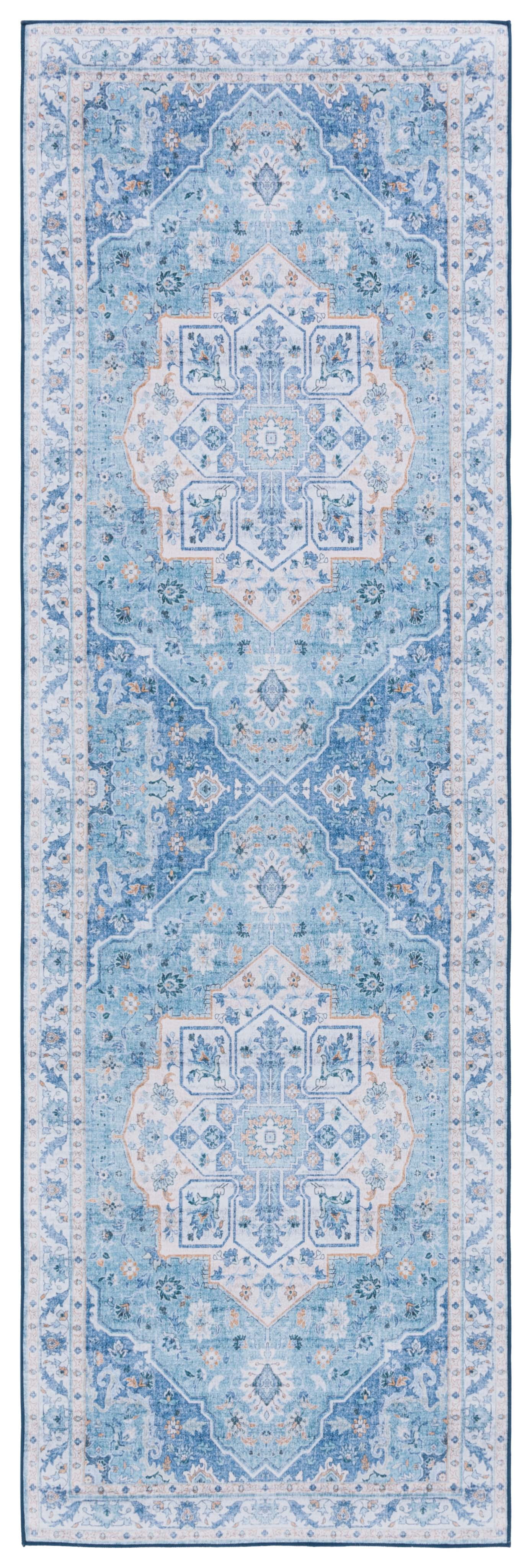 SAFAVIEH Tucson Luvina Oriental Machine Washable Runner Rug, Light Blue/Blue, 2'6" x 6'
