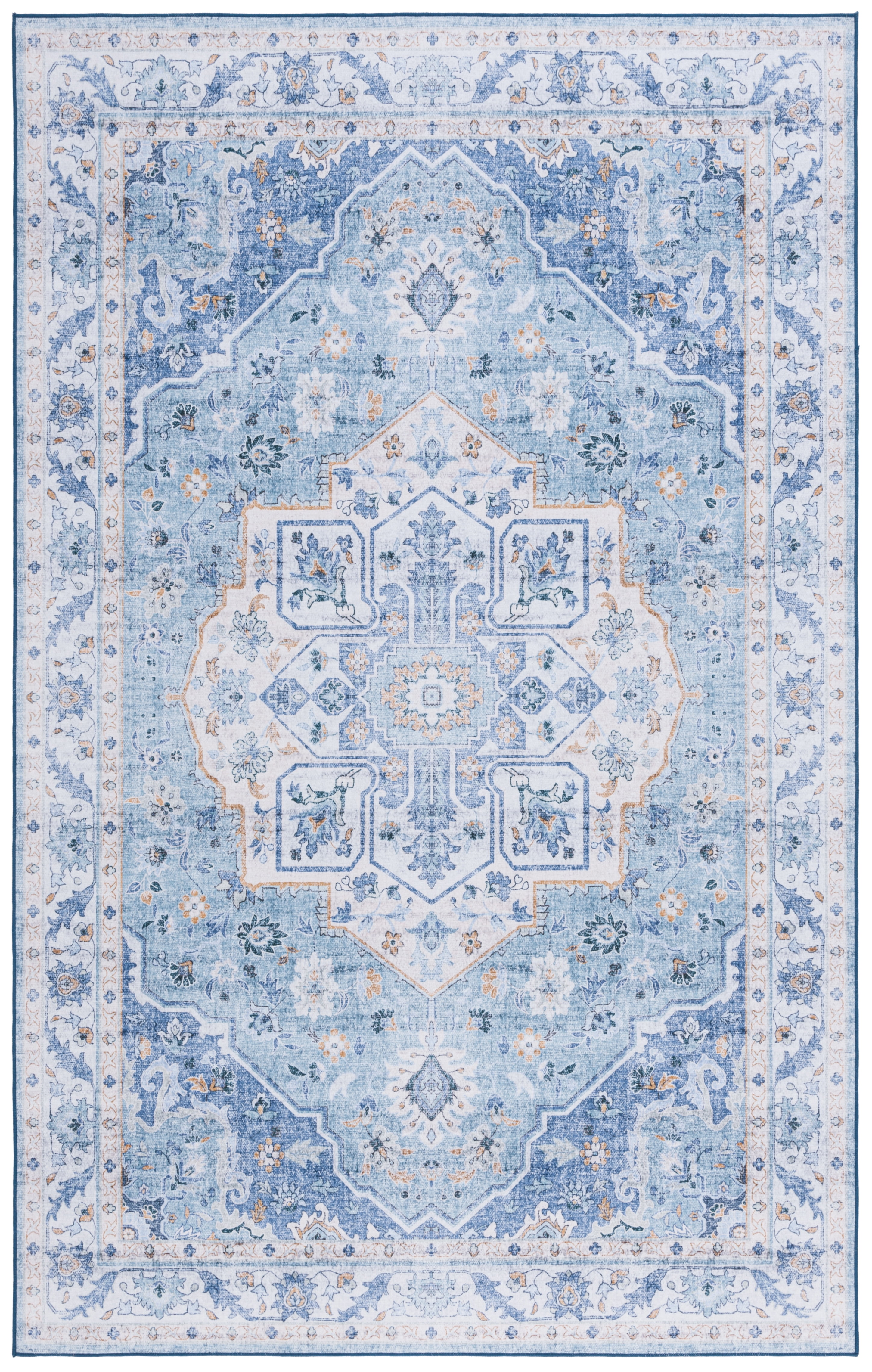 SAFAVIEH Tucson Luvina Traditional Machine Washable Area Rug, Light Blue/Blue, 3' x 5'