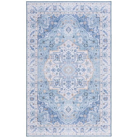 SAFAVIEH Tucson Luvina Traditional Machine Washable Area Rug, Light Blue/Blue, 4' x 6'