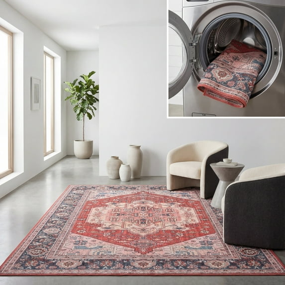 SAFAVIEH Tucson Martha Traditional Machine Washable Area Rug, 4' x 6', Red/Navy