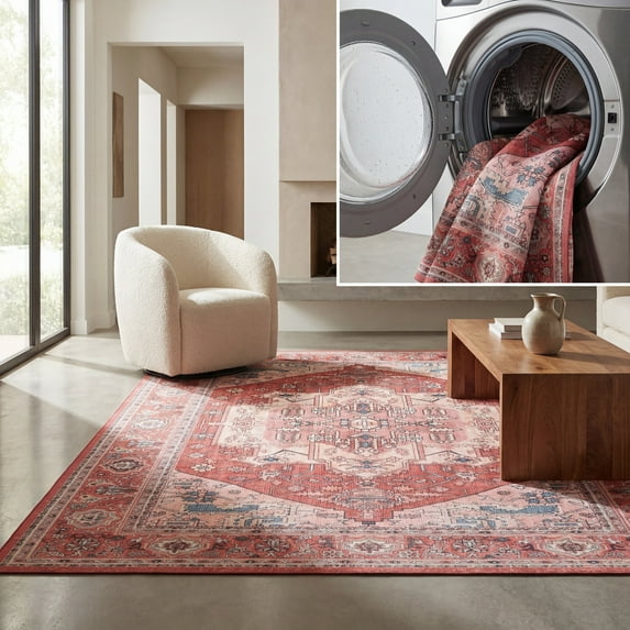 SAFAVIEH Tucson Martha Traditional Machine Washable Area Rug, 5' x 8', Red/Pink