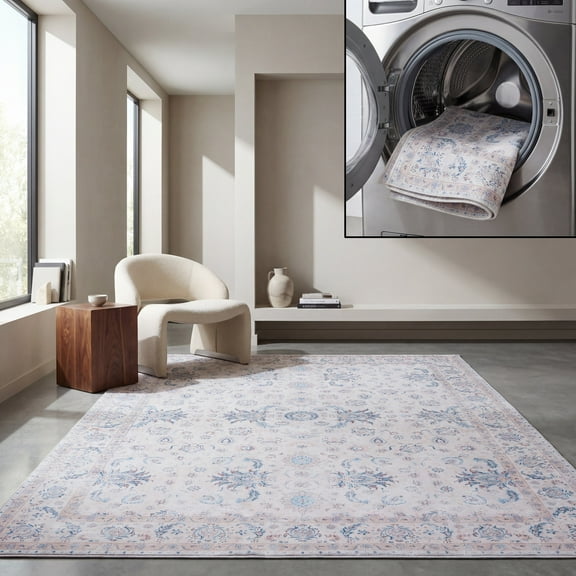 SAFAVIEH Tucson Max Traditional Machine Washable Area Rug, Ivory/Blue, 5' x 8'