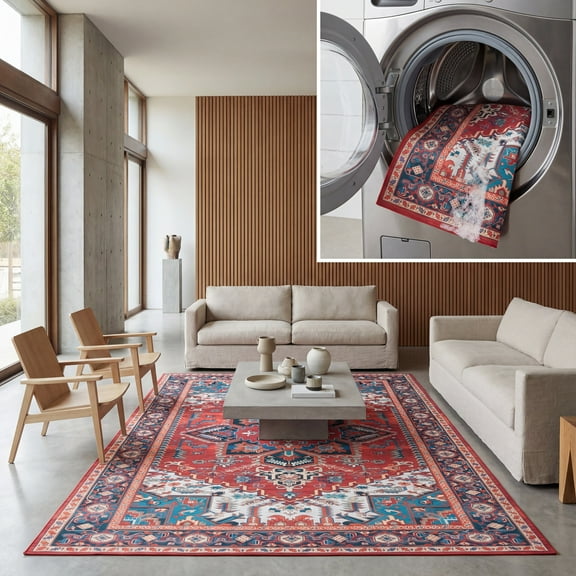 SAFAVIEH Tucson Medici Traditional Machine Washable Area Rug, Red/Blue, 9' x 12'