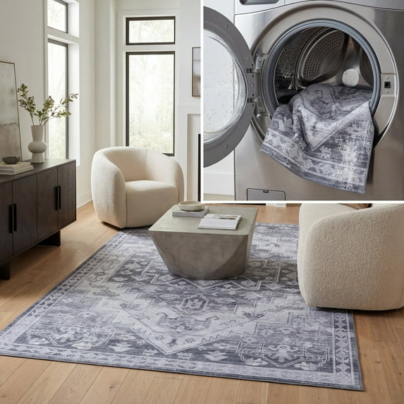 SAFAVIEH Tucson Melvin Oriental Machine Washable Area Rug, Gray/Light Gray, 6' x 9'