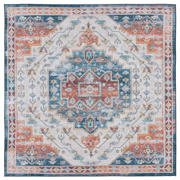 SAFAVIEH Tucson Melvin Traditional Machine Washable Area Rug, 6' x 6' Square, Blue/Rust
