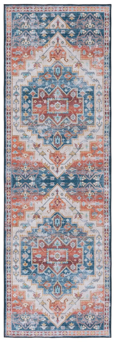 Tucson Blue and Rust Machine Washable Runner Rug