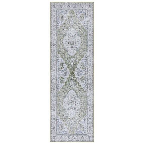 SAFAVIEH Tucson Natalie Oriental Machine Washable Runner Rug, Green/Beige, 2'6" x 10'