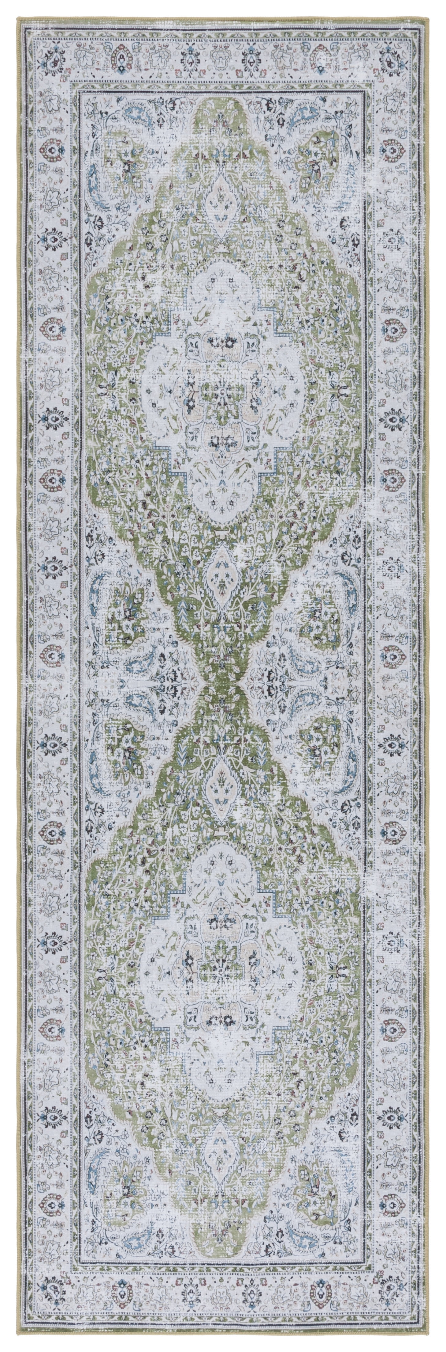 Green and Beige Synthetic Oriental Washable Runner Rug, 2'6" x 12'
