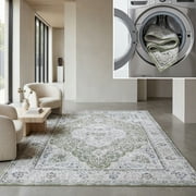 SAFAVIEH Tucson Natalie Traditional Machine Washable Area Rug, 4' x 6', Green/Beige