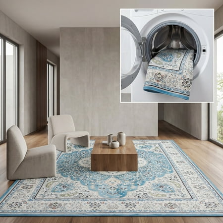 SAFAVIEH Tucson Natalie Traditional Machine Washable Area Rug, 5' x 8', Turquoise/Beige