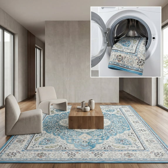 SAFAVIEH Tucson Natalie Traditional Machine Washable Area Rug, 5' x 8', Turquoise/Beige