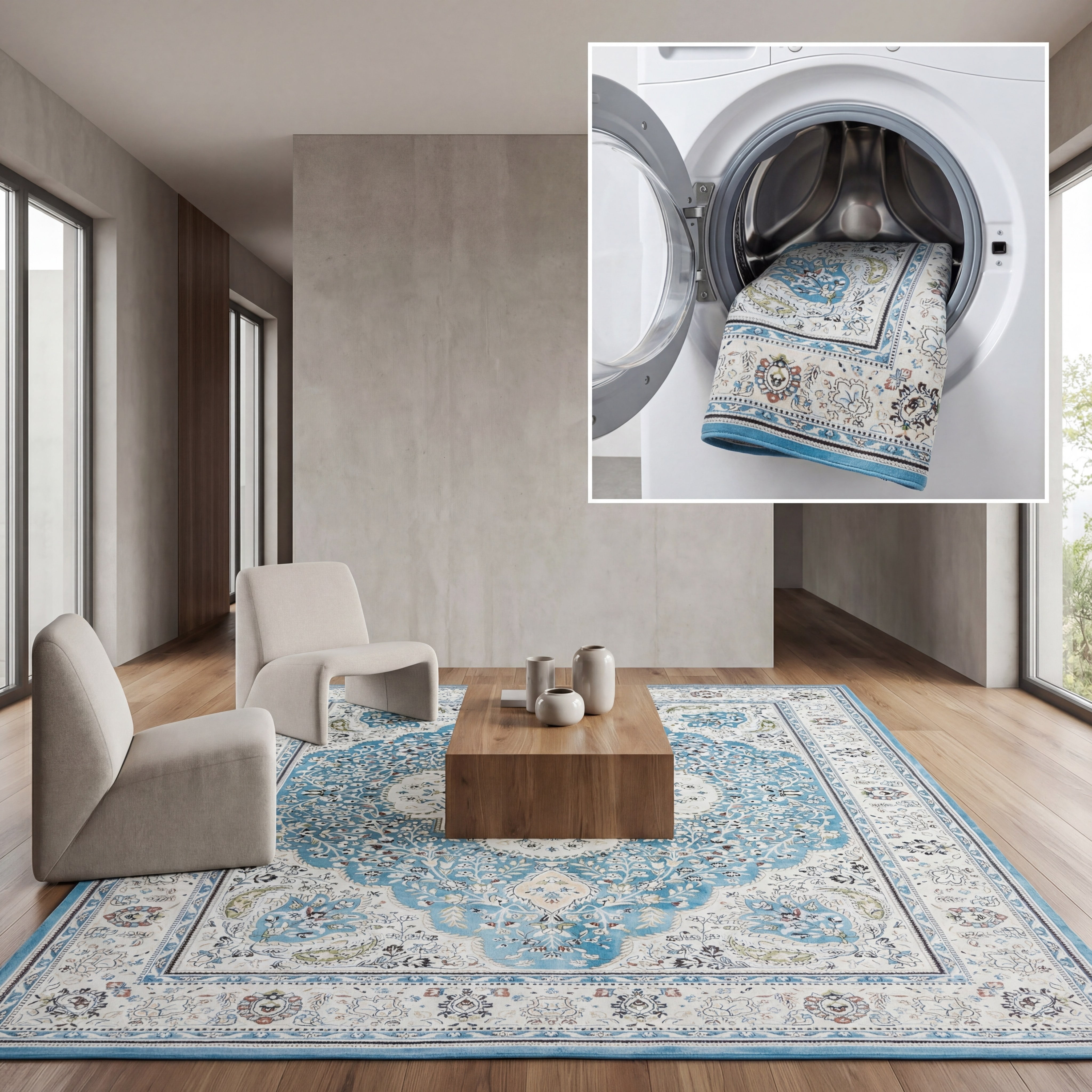 SAFAVIEH Tucson Natalie Traditional Machine Washable Area Rug, 6' x 6' Square, Turquoise/Beige