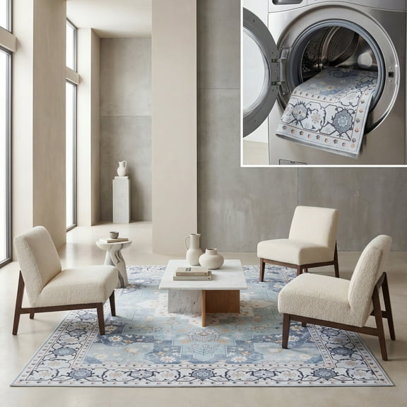 SAFAVIEH Tucson Nazca Oriental Machine Washable Area Rug, Aqua/Light Blue, 8' x 10'