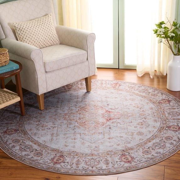 Safavieh Tucson Nazca Oriental Machine Washable Area Rug, Light Gray/Rust, 3' x 3' Round