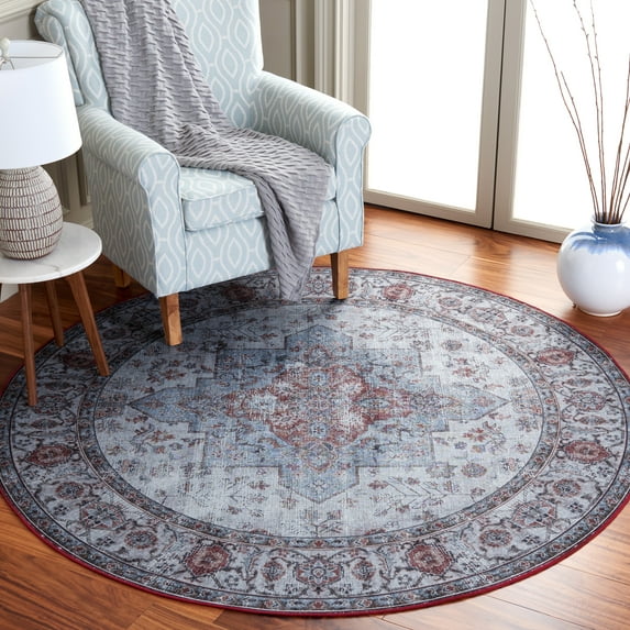 Safavieh Tucson Nazca Oriental Machine Washable Area Rug, Light Blue/Rust, 6' x 6' Round