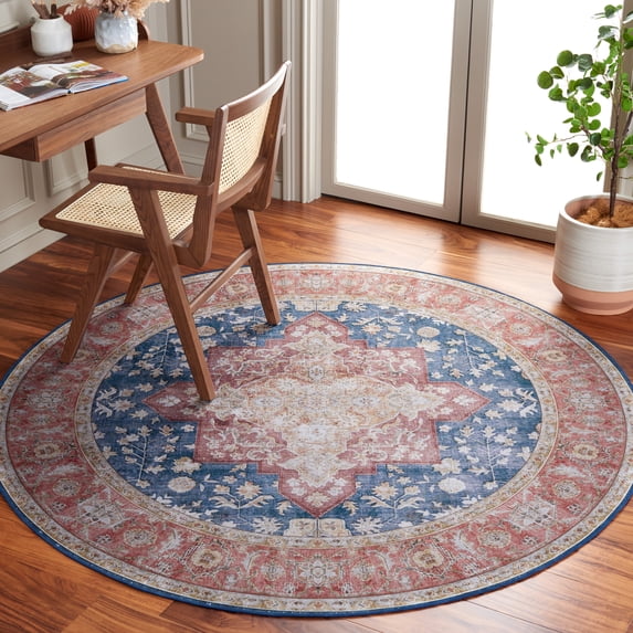 Safavieh Tucson Nazca Oriental Machine Washable Area Rug, Navy/Rust, 6' x 6' Round