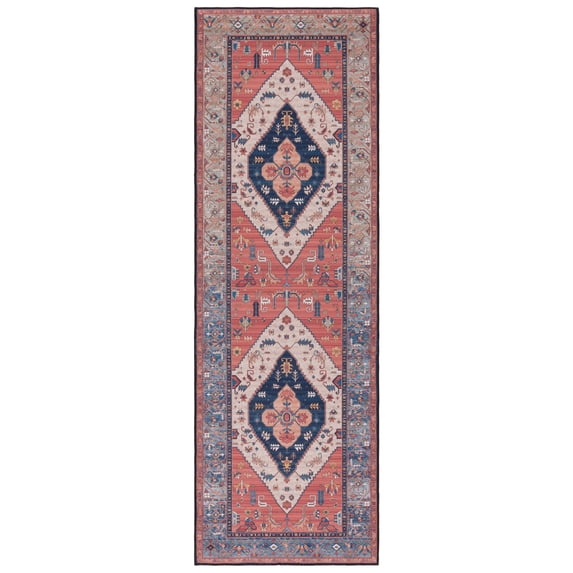 SAFAVIEH Tucson Nicole Oriental Machine Washable Runner Rug, Rust/Blue, 2'6" x 16'