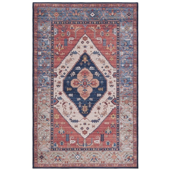 SAFAVIEH Tucson Nicole Traditional Machine Washable Area Rug, 5' x 8', Rust/Blue
