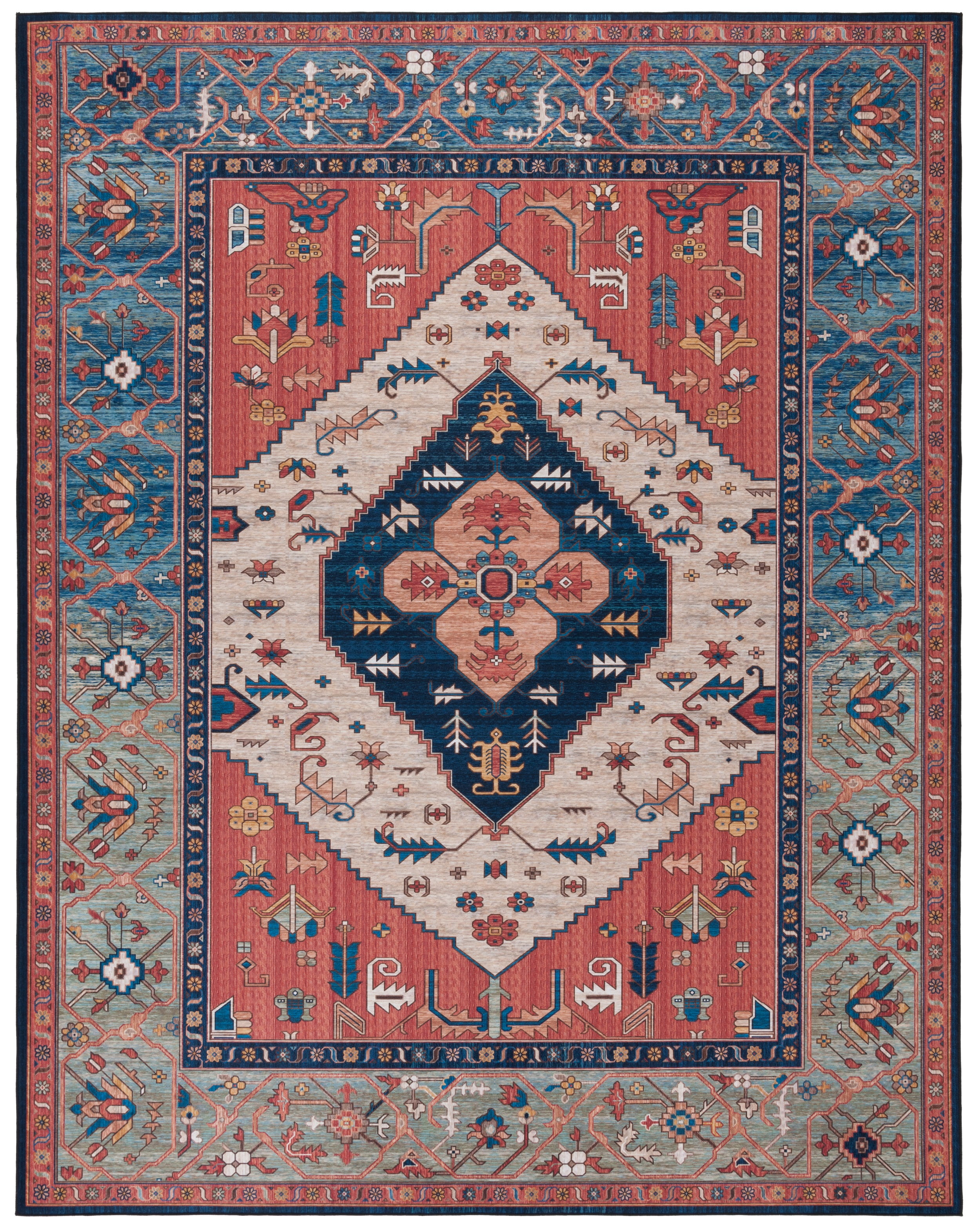 SAFAVIEH Tucson Nicole Traditional Machine Washable Area Rug, Rust/Blue, 10' x 14'