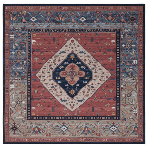 SAFAVIEH Tucson Nicole Traditional Machine Washable Area Rug, Rust/Blue, 4' x 4' Square