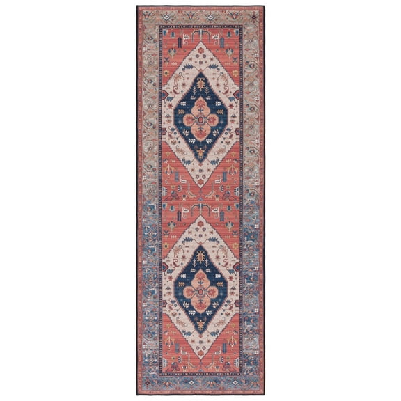 SAFAVIEH Tucson Nicole Traditional Machine Washable Runner, 2'6" x 8', Rust/Blue