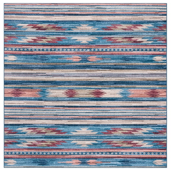 SAFAVIEH Tucson Nikola Striped Machine Washable Area Rug, Blue/Rust, 6' x 6' Square