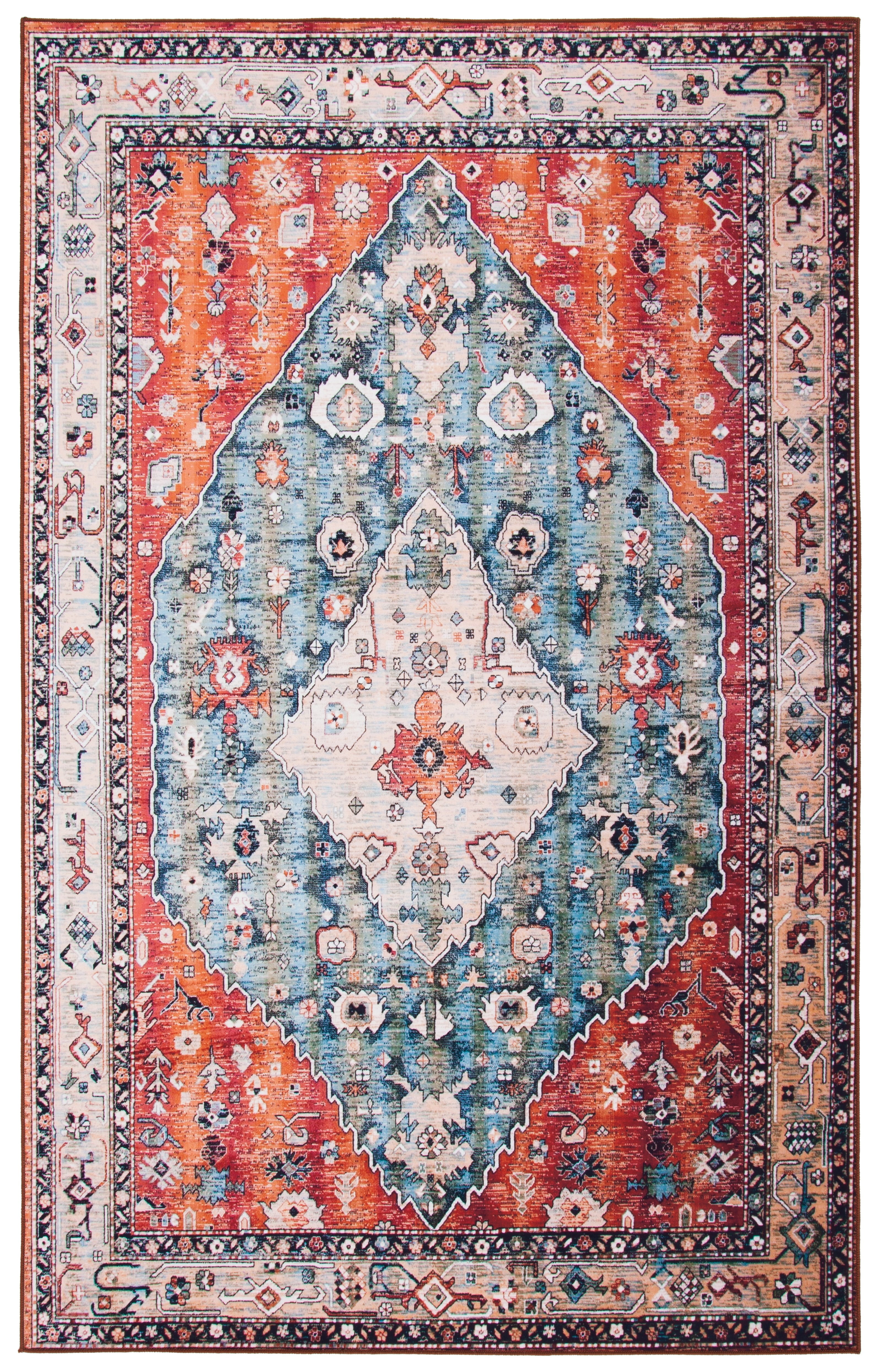 SAFAVIEH Tucson Otis Oriental Machine Washable Area Rug, Beige/Blue, 2'6" x 4'