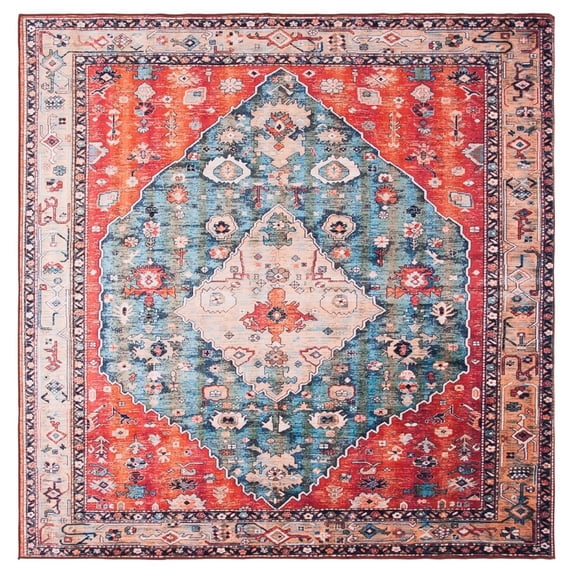 SAFAVIEH Tucson Otis Traditional Machine Washable Area Rug, 5' x 5' Square, Beige/Blue
