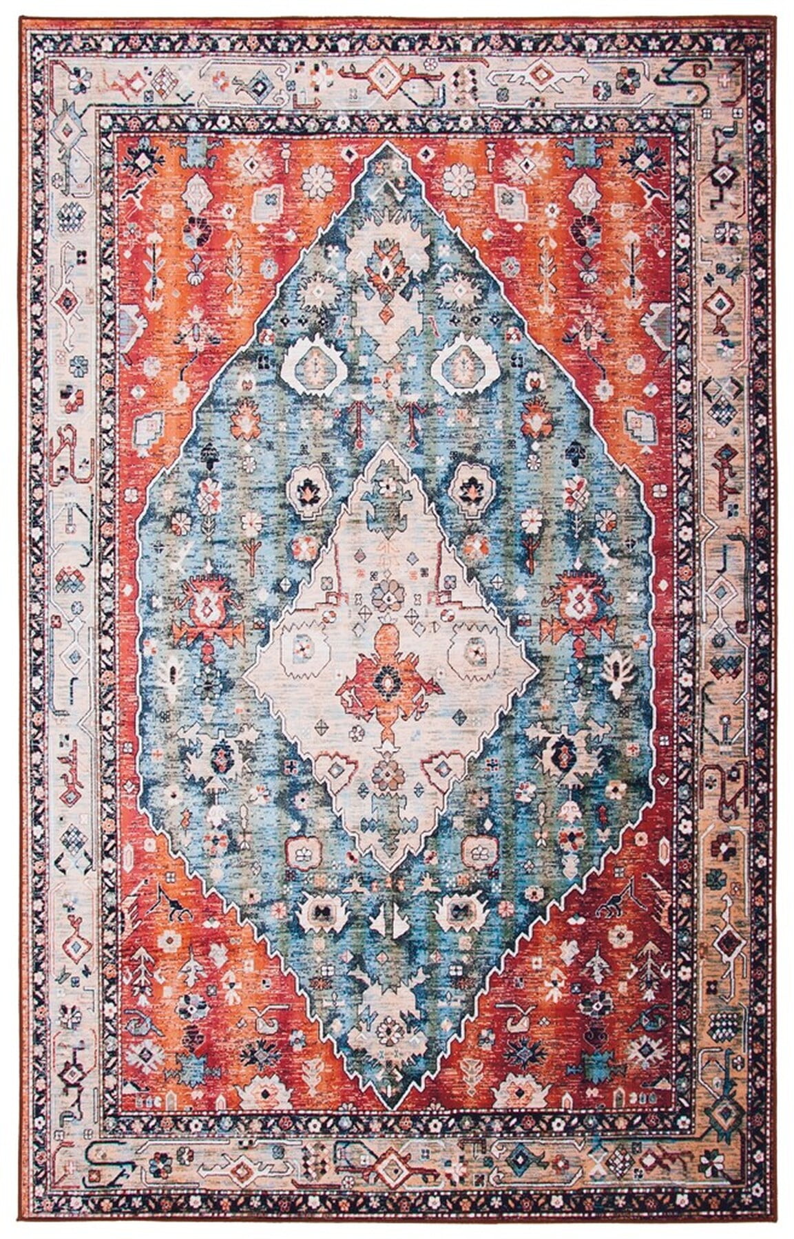 Beige and Blue Rectangular Synthetic Washable Area Rug