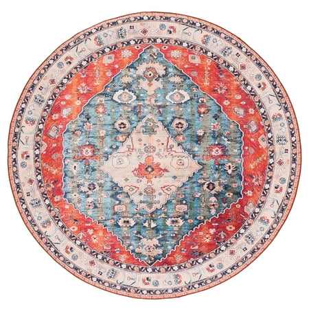 SAFAVIEH Tucson Otis Traditional Machine Washable Area Rug, Beige/Blue, 4' x 4' Round