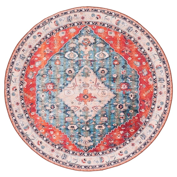 SAFAVIEH Tucson Otis Traditional Machine Washable Area Rug, Beige/Blue, 4' x 4' Round