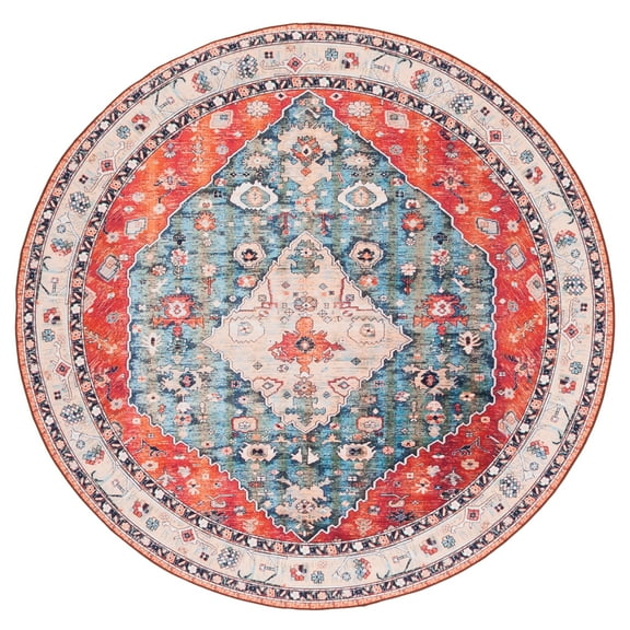 SAFAVIEH Tucson Otis Traditional Machine Washable Area Rug, Beige/Blue, 4' x 4' Round