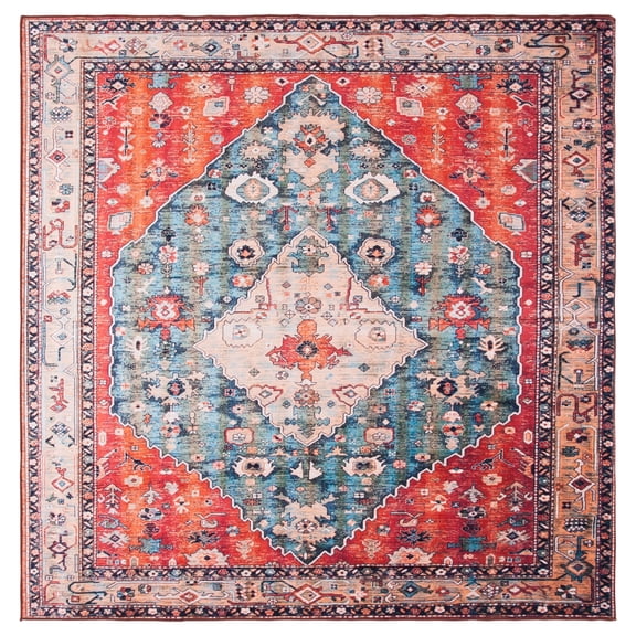 SAFAVIEH Tucson Otis Traditional Machine Washable Area Rug, Beige/Blue, 4' x 4' Square