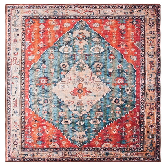 SAFAVIEH Tucson Otis Traditional Machine Washable Area Rug, Beige/Blue, 4' x 4' Square