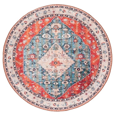 SAFAVIEH Tucson Otis Traditional Machine Washable Area Rug, Beige/Blue, 8' x 8' Round