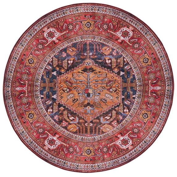 SAFAVIEH Tucson Regent Oriental Machine Washable Area Rug, Navy/Rust, 4' x 4' Round