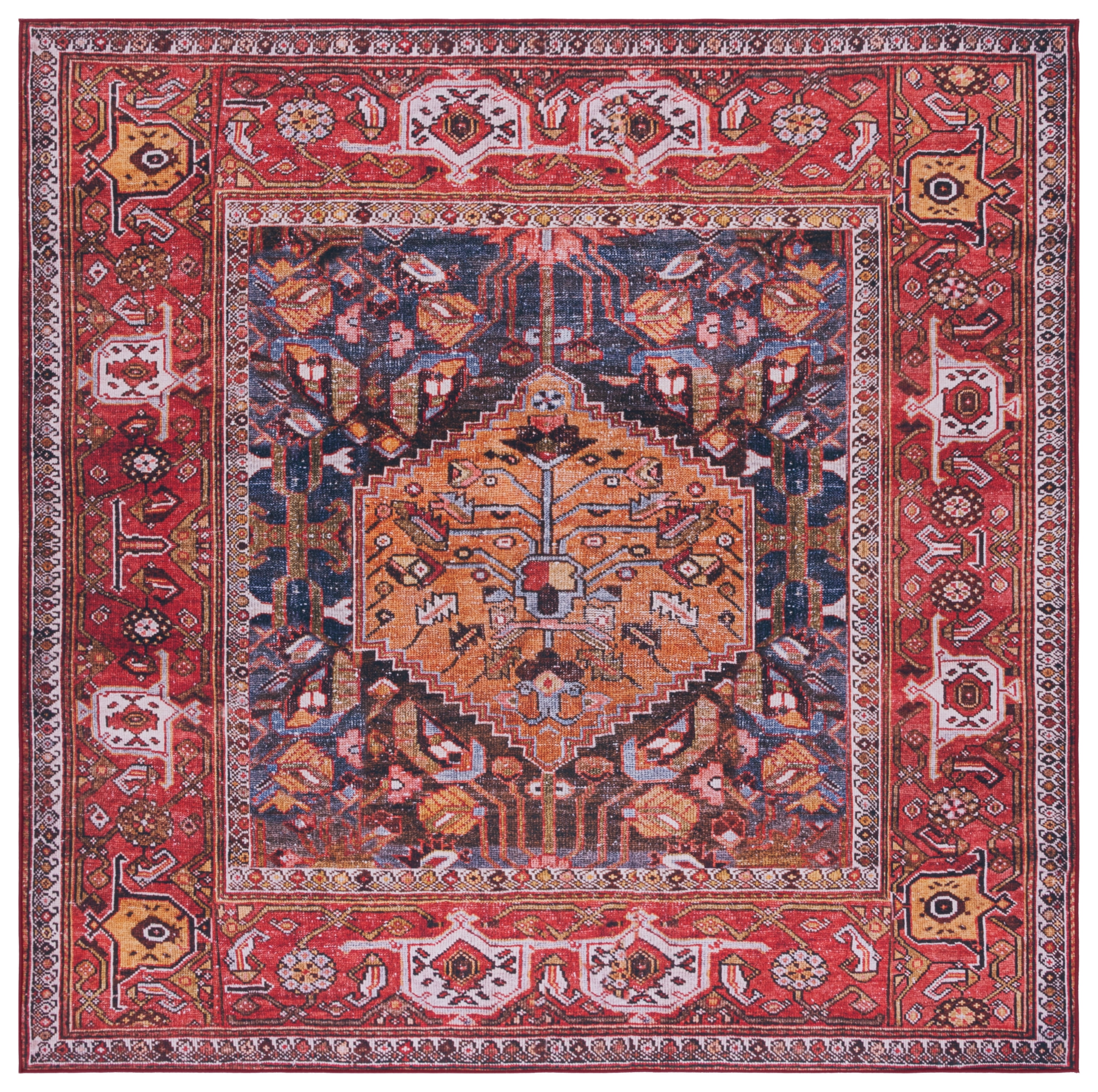Navy and Rust 4' x 4' Square Washable Synthetic Area Rug
